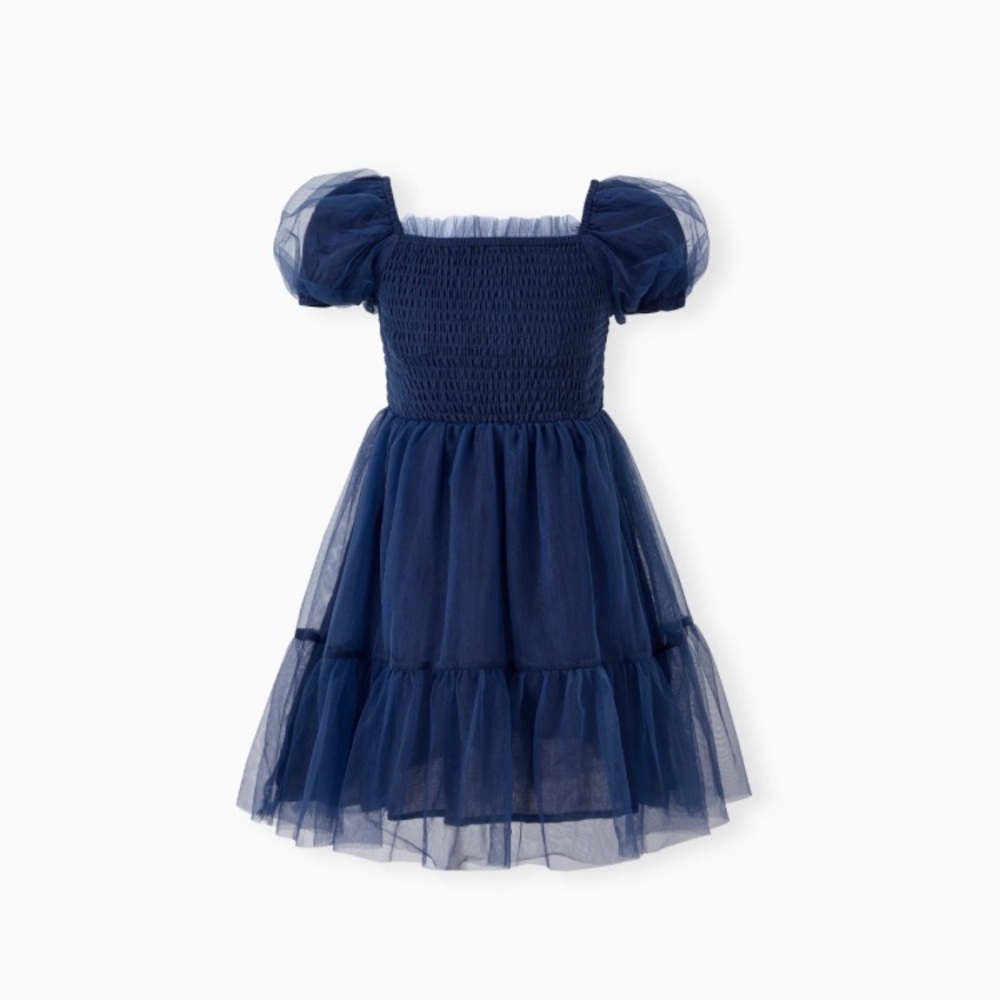 Elegant Shirred Bodice Puff Sleeves Tulle Mesh Dress